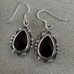 Vintage Sterling Silver Black Onyx Teardrop Earrings